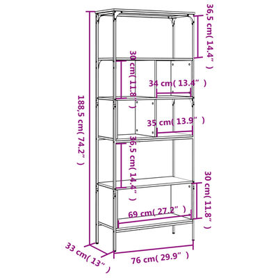 vidaXL raamaturiiul 5-korruseline, must, 76 x 33 x 188,5 cm, tehispuit