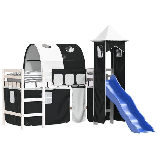 vidaXL laste k&otilde;rge voodi torniga, valge/must, 90x200 cm, m&auml;nnipuit