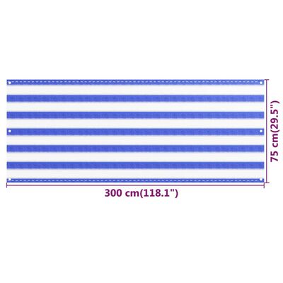 vidaXL rõdusirm, sinine ja valge, 75 x 300 cm, HDPE