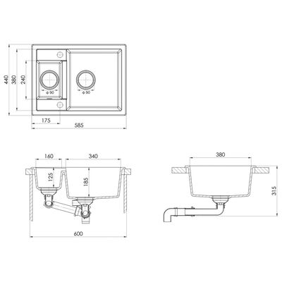 vidaXL köögivalamu ülevooluavaga, kaks kraanikaussi, hall, graniit