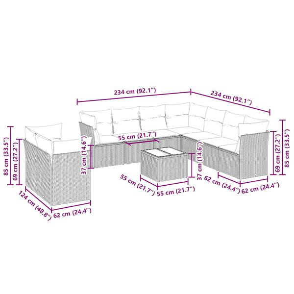 vidaXL 10-osaline aiadiivani komplekt patjadega, helehall, polürotang