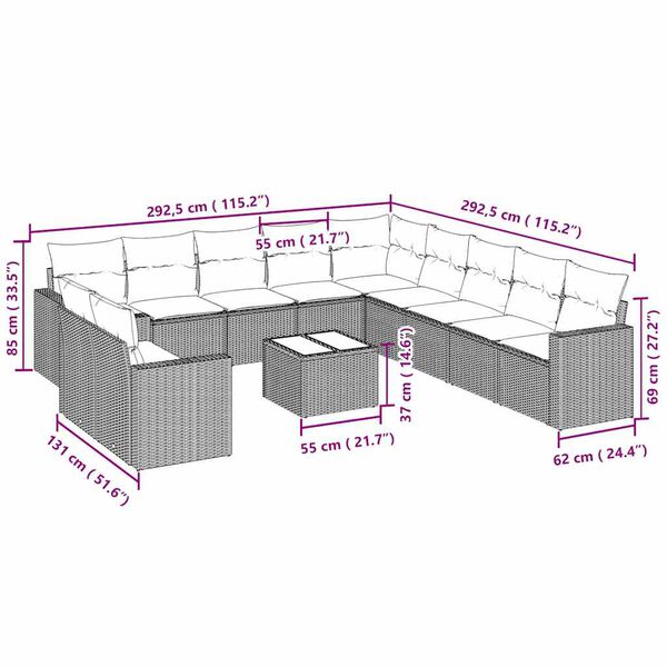 vidaXL 12-osaline aiadiivani komplekt patjadega, helehall, polürotang