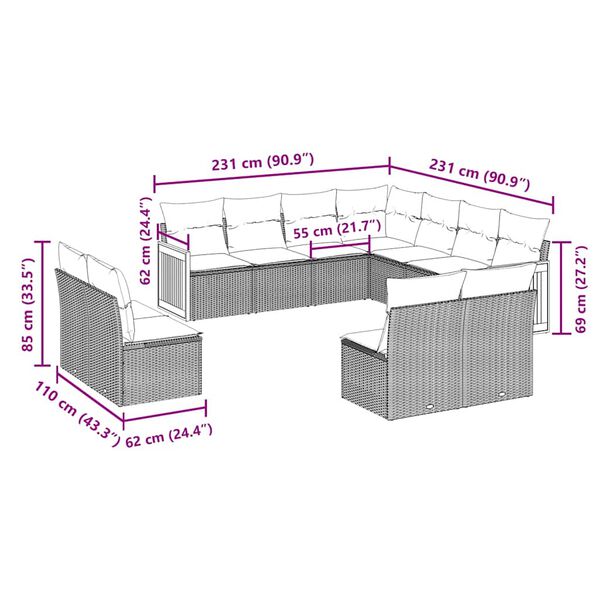 vidaXL 11-osaline aiadiivani komplekt patjadega, must, pol&uuml;rotang