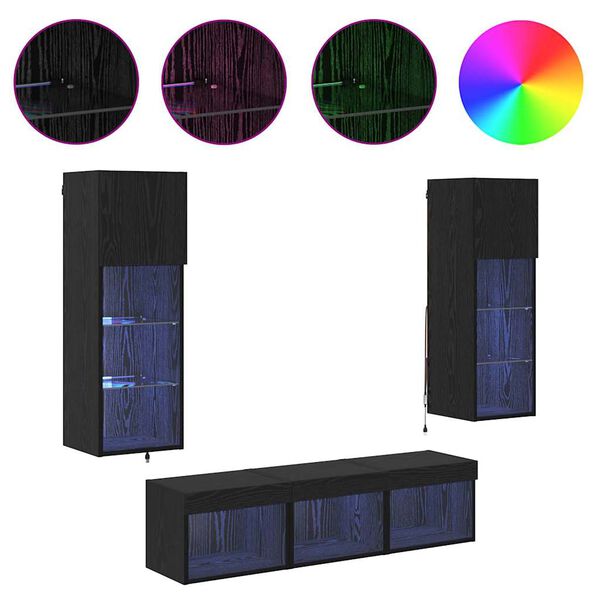 vidaXL TV Seina&uuml;ksused LED -ribatuledega 5 pcs Must tamm Tehispuit