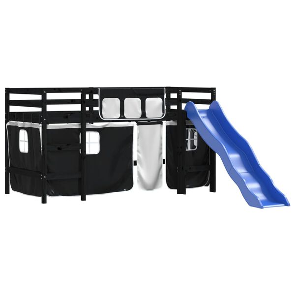 vidaXL laste kõrge voodi kardinatega, valge/must, 90x190 cm, männipuit