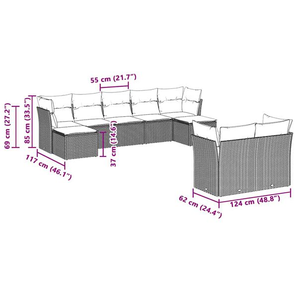 vidaXL 9-osaline aiadiivani komplekt patjadega, helehall, pol&uuml;rotang