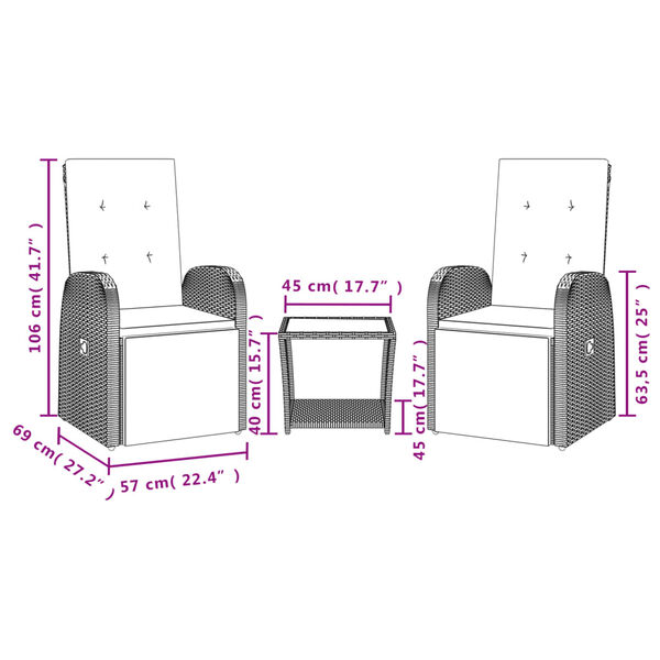 vidaXL 3-osaline aiam&ouml;&ouml;bli komplekt patjadega, hall, pol&uuml;rotang