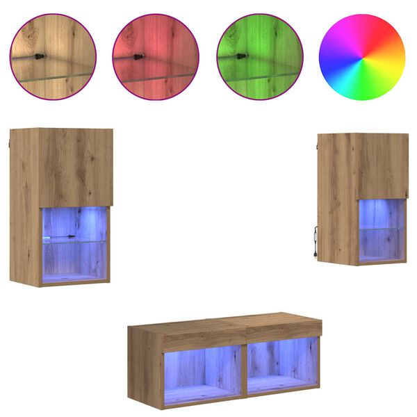 vidaXL TV Seinakapid LED -ribatuledega 4 pcs K&auml;sit&ouml;&ouml;puu Tehispuit