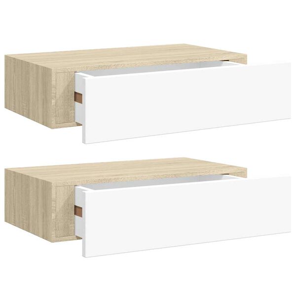 vidaXL sahtlitega seinariiulid, 2tk, tamm ja valge, 40x23,5x10 cm MDF
