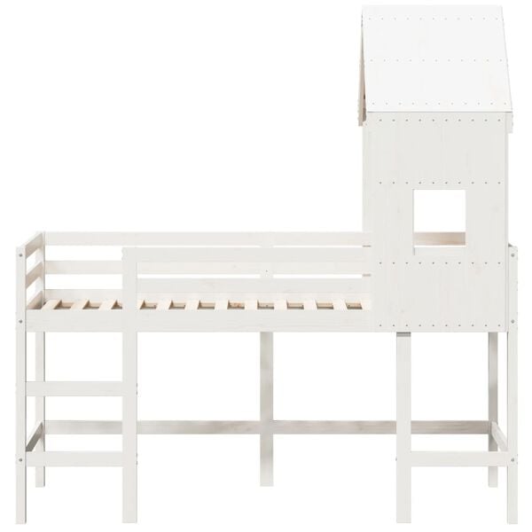 vidaXL kõrge voodi redeli ja katusega, valge, 90x200 cm, männipuit