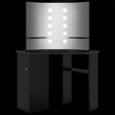 vidaXL nurga tualettlaud LED-tulega, must, 111 x 54 x 141,5 cm