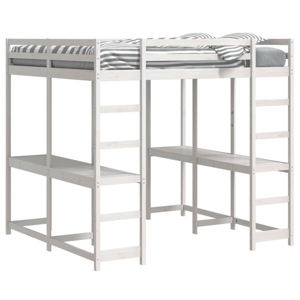 vidaXL kõrge voodi laua ja redeliga, valge, 140x200 cm, männipuit