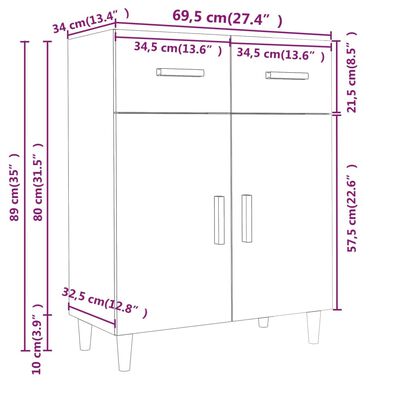 vidaXL puhvetkapp, valge, 69,5 x 34 x 89 cm, tehispuit