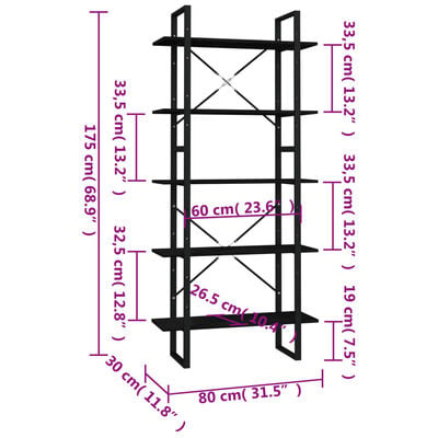 vidaXL 5-korruseline raamaturiiul, must, 80x30x175cm, puitlaastplaat