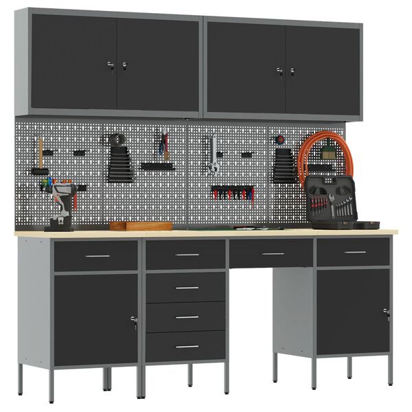 vidaXL Töölaud sahtliga lukuga 10 pcs Must 200 x 55 x 200 cm Teras