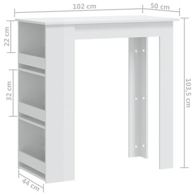 vidaXL baarilaud riiuliga, kõrgläikega valge, 102x50x103,5 cm