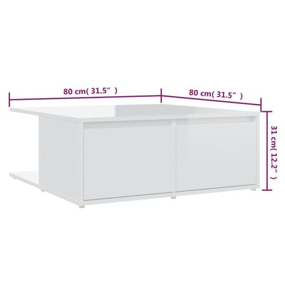 vidaXL kõrgläikega kohvilaud, valge, 80x80x31 cm, puitlaastplaat
