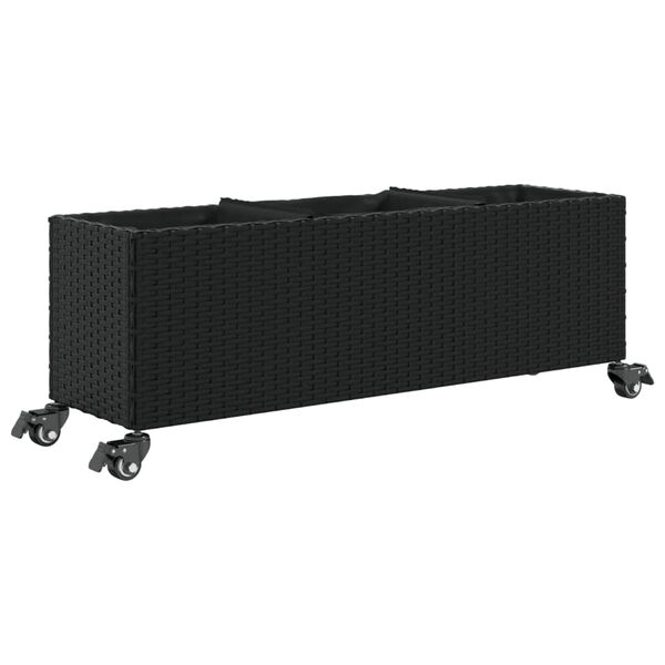 vidaXL taimekast rataste ja 3 potiga, must, 107x32x38 cm, pol&uuml;rotang