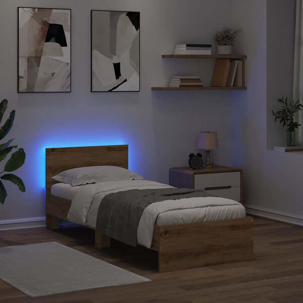 vidaXL Voodi raam LED -ribatuledega K&auml;sit&ouml;&ouml;puu 75 x 190 cm Tehispuit