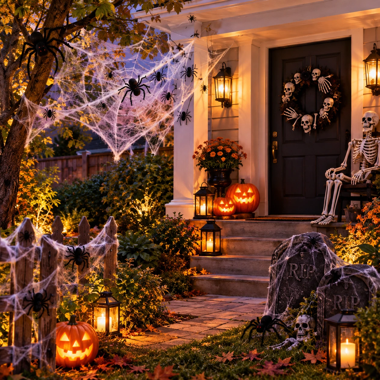 Halloweeni veranda ja aed ämblikuvõrkude, ämblike ja luukerega
