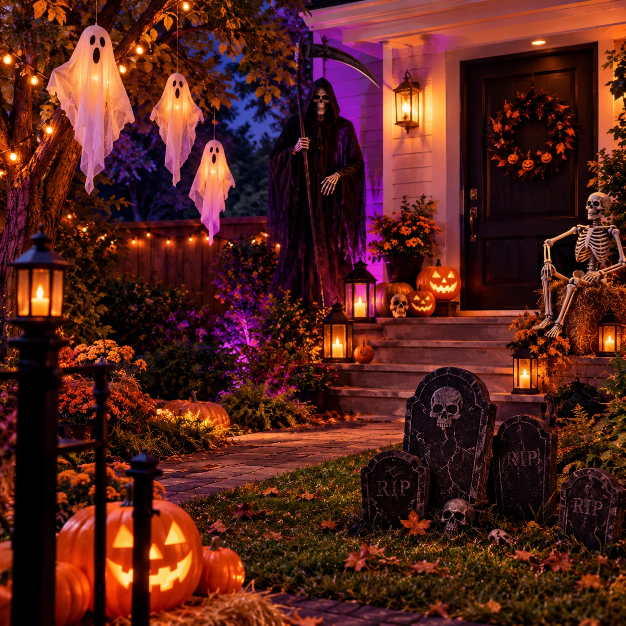 Halloweeni aed rippuvate kummituste ja vikatimehega