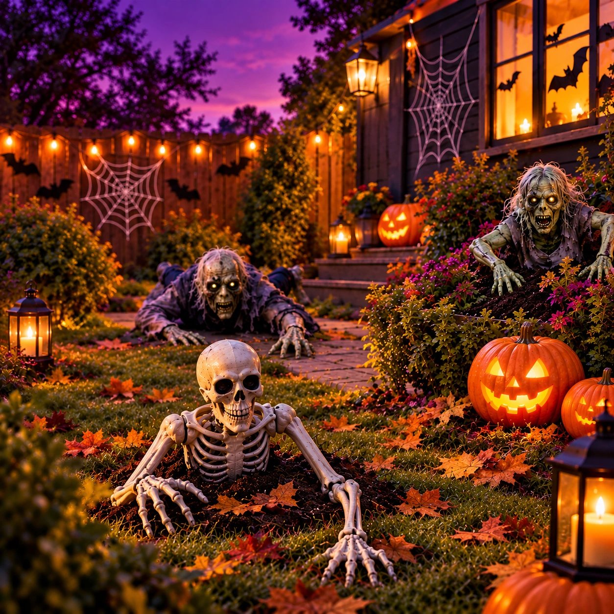 Halloweeni aed luukere, zombide ja helendavate kõrvitsatega
