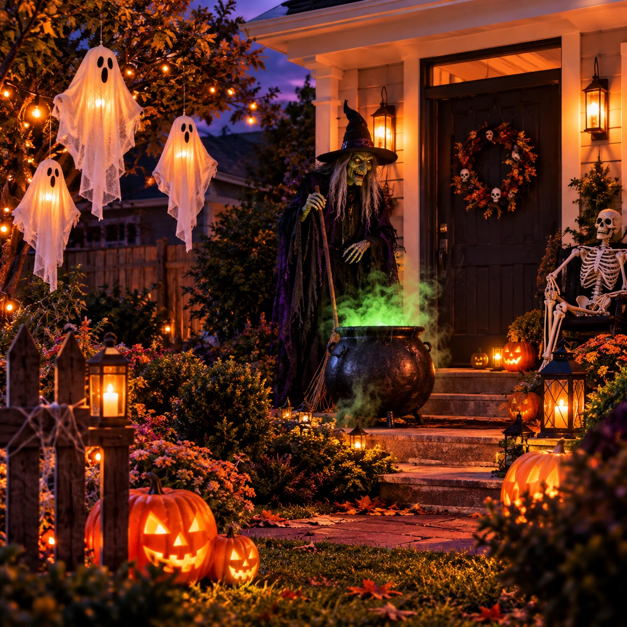 Halloweeni veranda nõia, kummituste ja helendavate kõrvitsatega