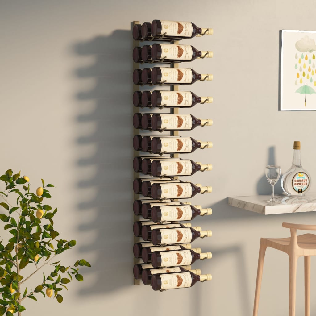 vidaXL seinale kinnitatav veiniriiul 36 pudelile, kuldne raud