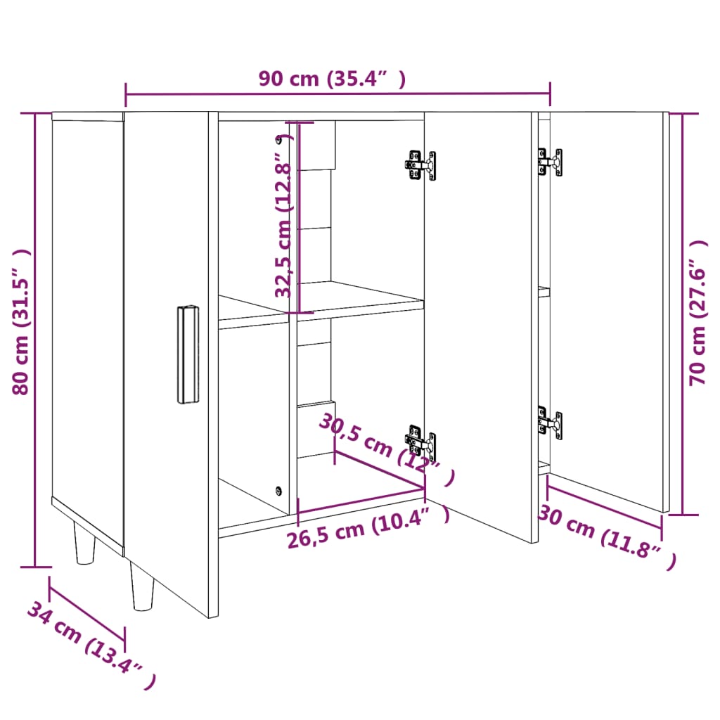 vidaXL puhvetkapp, kõrgläikega valge, 90 x 34 x 80 cm, tehispuit