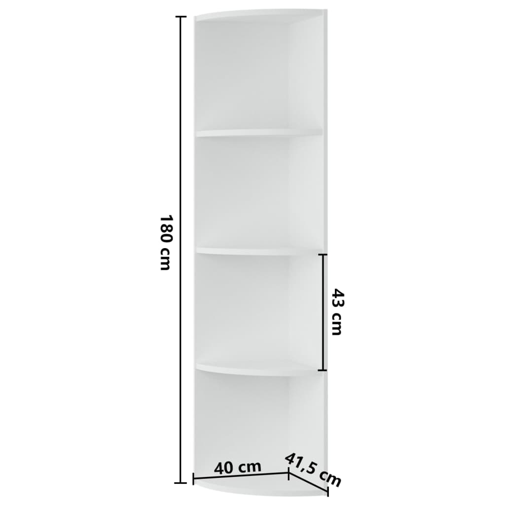 vidaXL põranda nurgariiul, valge, 40 x 41,5 x 180 cm, puitlaastplaat