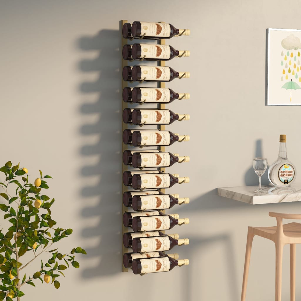 vidaXL seinale kinnitatav veiniriiul 24 pudelile, kuldne raud