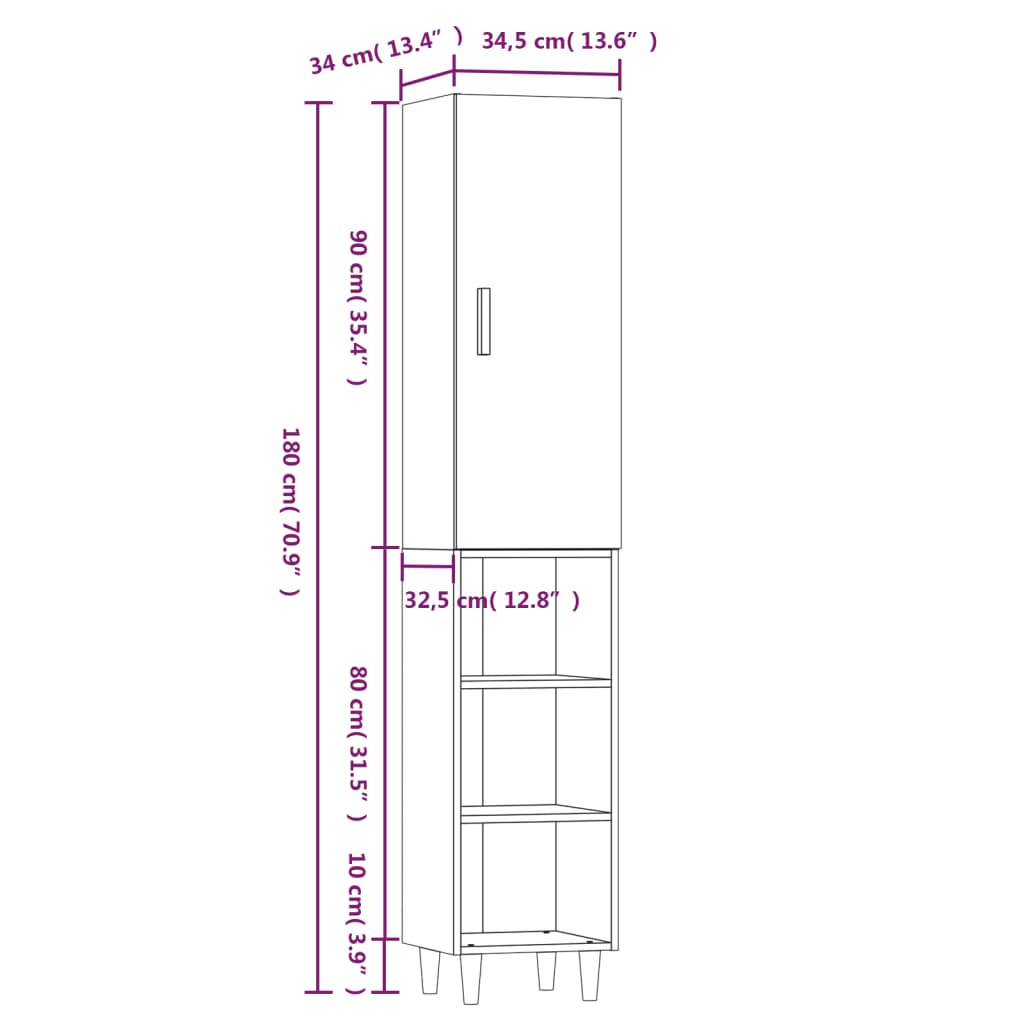 vidaXL kõrge kapp, hall Sonoma tamm, 34,5x34x180 cm, tehispuit