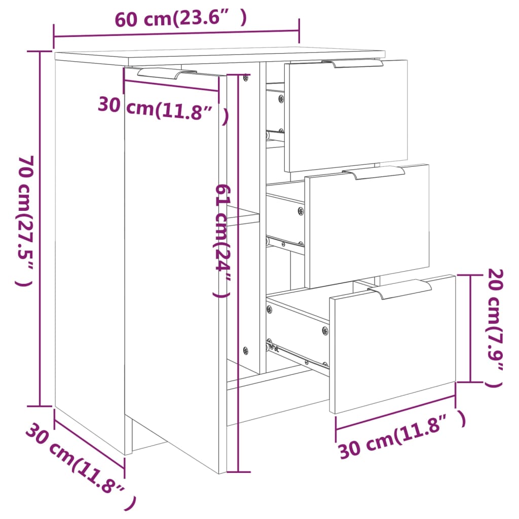 vidaXL puhvetkapp, kõrgläikega, valge, 60x30x70 cm tehispuit