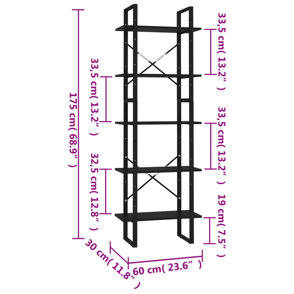 vidaXL 5-korruseline raamaturiiul, must, 60x30x175 cm, tehispuit