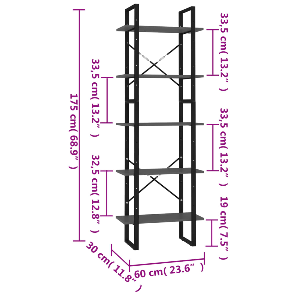 vidaXL 5-korruseline raamaturiiul, hall, 60x30x175 cm, tehispuit