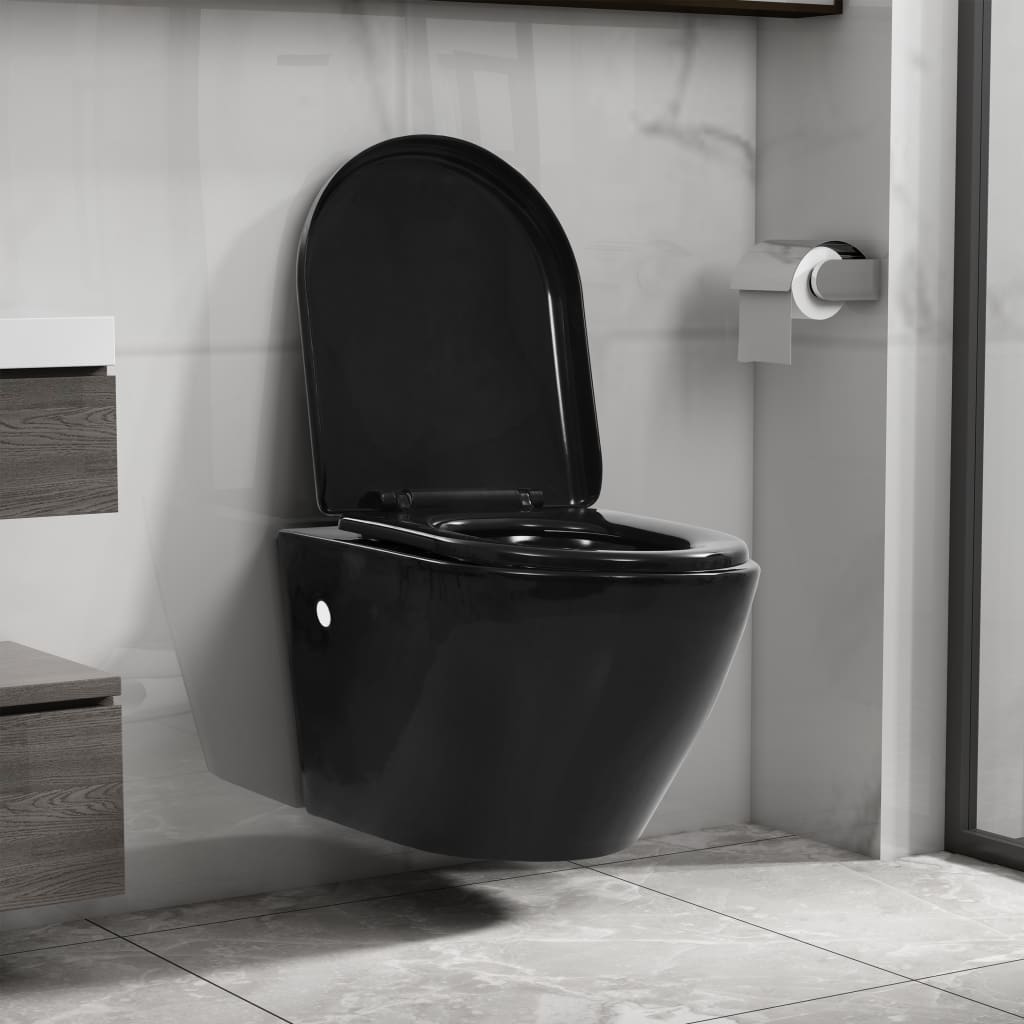 vidaXL seinale kinnitatav ääreta keraamiline tualettpott, must
