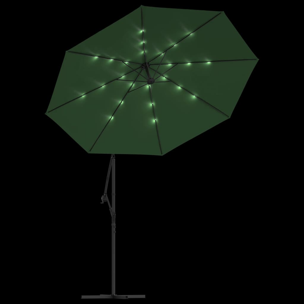 vidaXL rippuv päikesevari LEDidega 300 cm metallist postiga, roheline