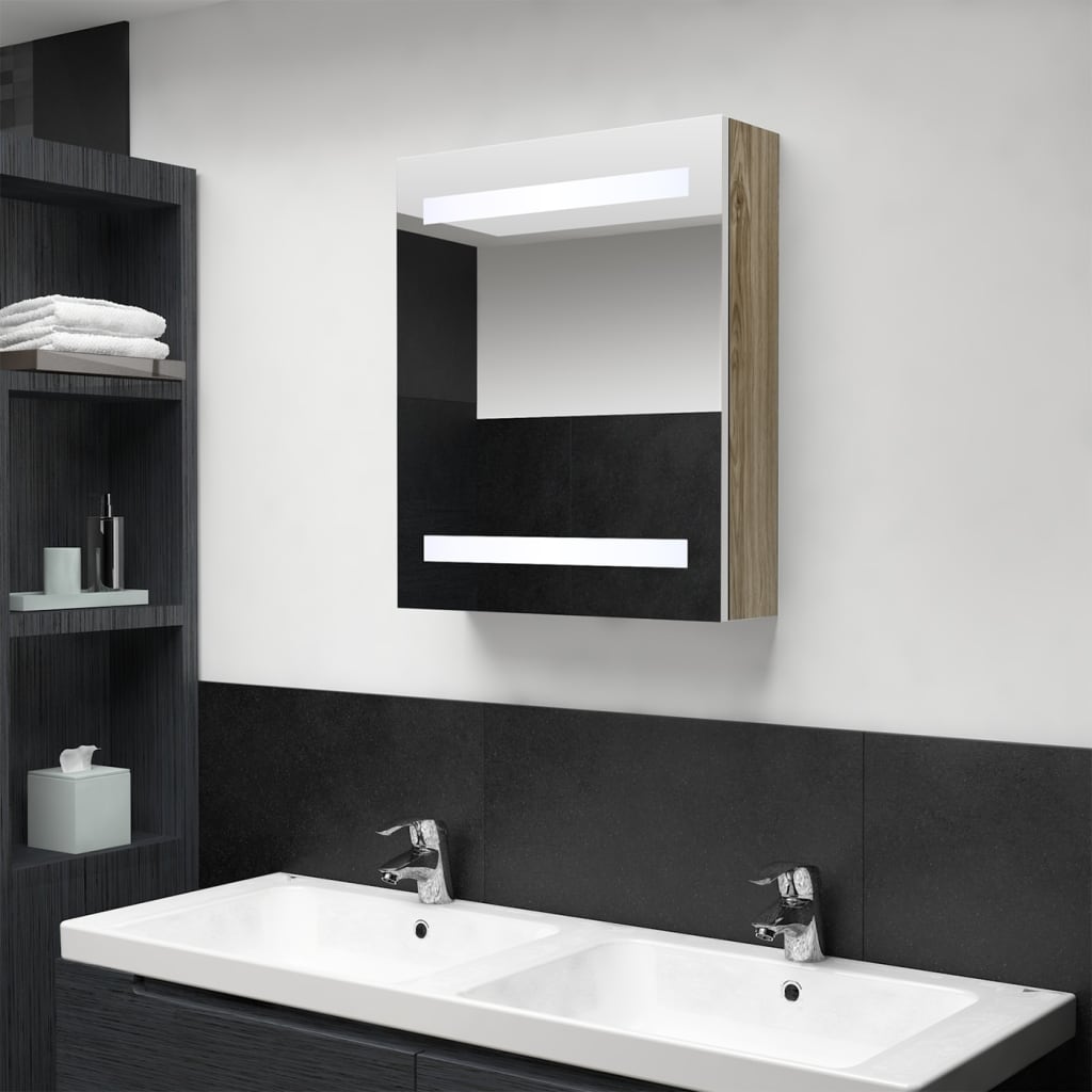 vidaXL LED vannitoa peegelkapp, valge ja tamm, 50 x 14 x 60 cm