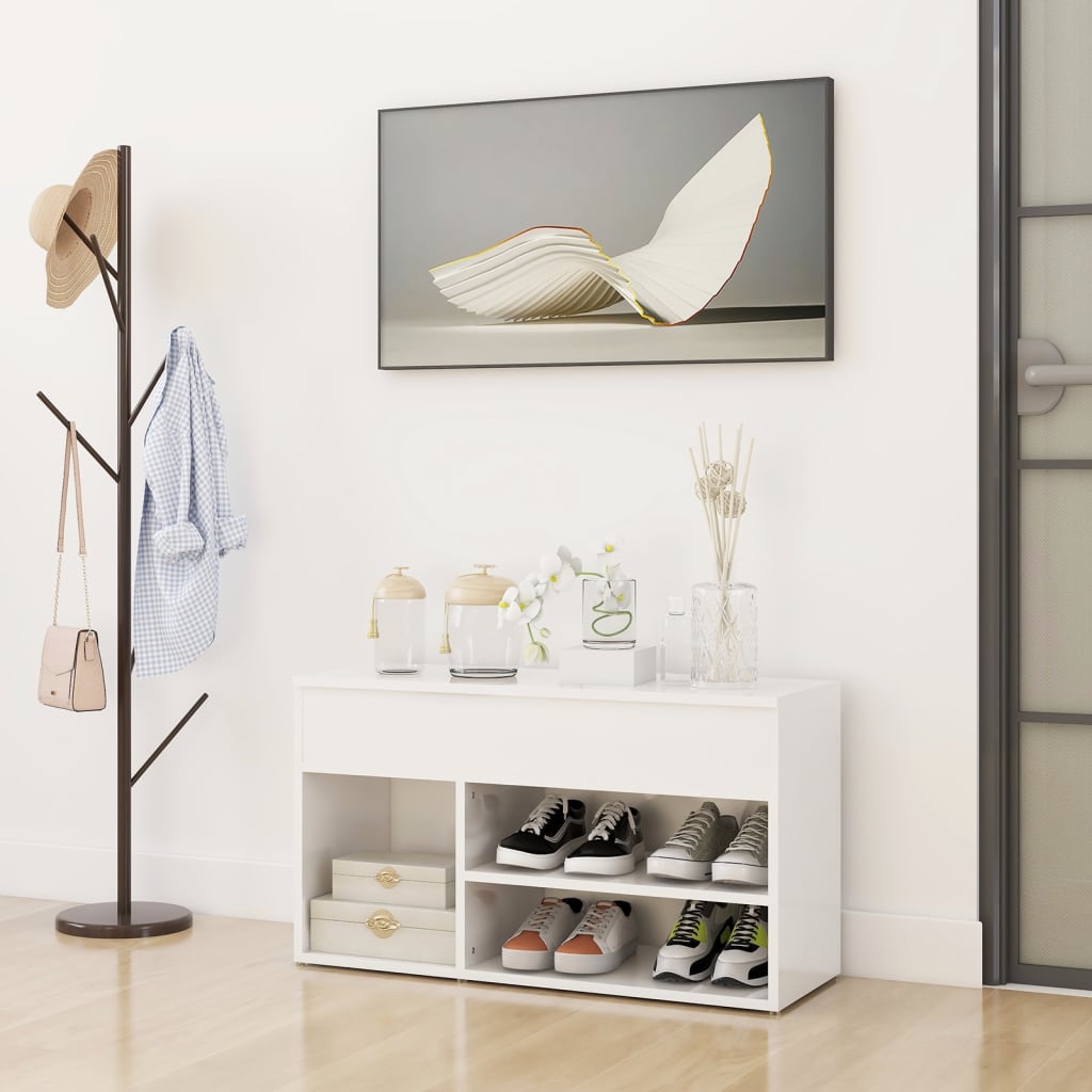 vidaXL jalatsipink, kõrgläikega valge, 80 x 30 x 45 cm, puitlaastplaat