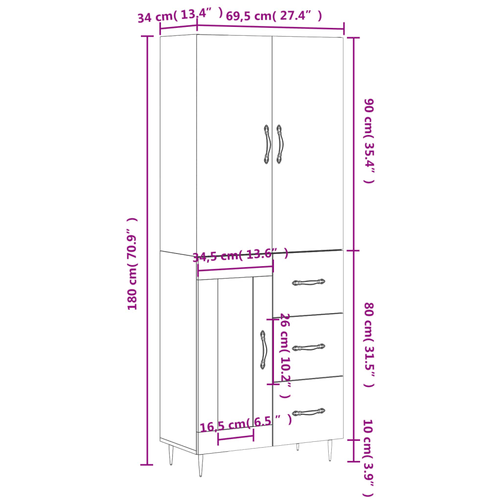 vidaXL kõrge kapp, Sonoma tamm, 69,5 x 34 x 180 cm, tehispuit