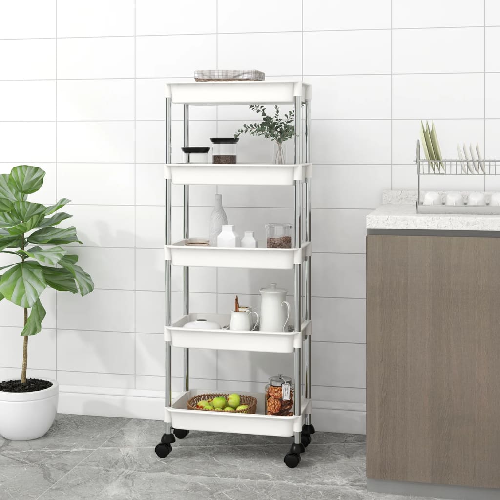 vidaXL 5-korruseline köögikäru, valge, 42x29x128 cm, raud ja ABS