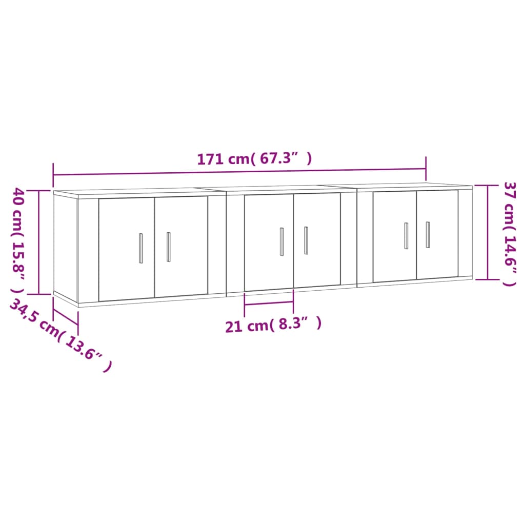 vidaXL seina telerikapid, 3 tk, hall Sonoma, 57 x 34,5 x 40 cm
