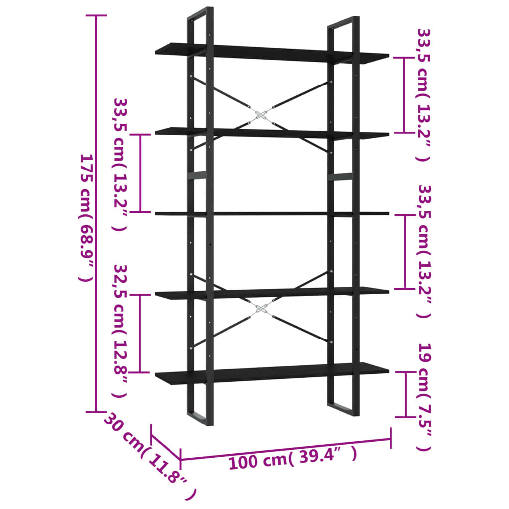 vidaXL 5-korruseline raamaturiiul, must, 100x30x175 cm, tehispuit