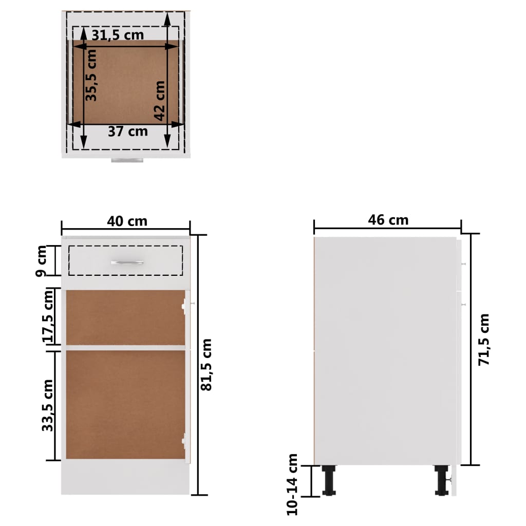 vidaXL köögikapp, kõrgläikega valge, 40 x 46 x 81,5 cm, puitlaastplaat