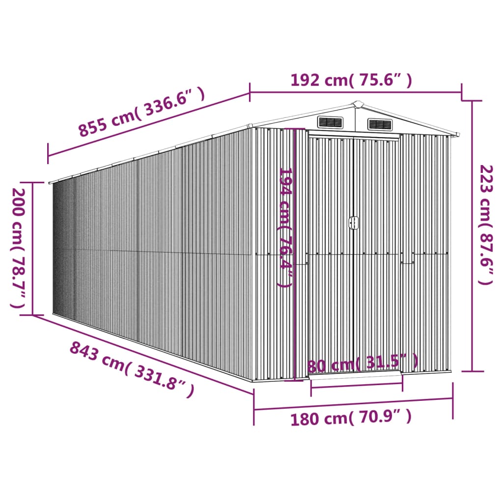 vidaXL aiakuur, helehall, 192x855x223 cm, tsingitud teras