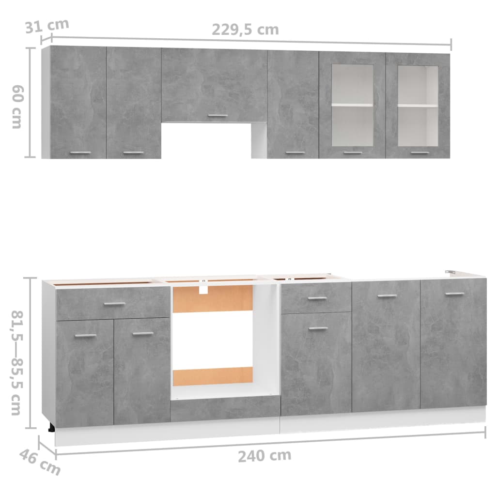 vidaXL 8-osaline köögikappide komplekt, betoonhall, puitlaastplaat