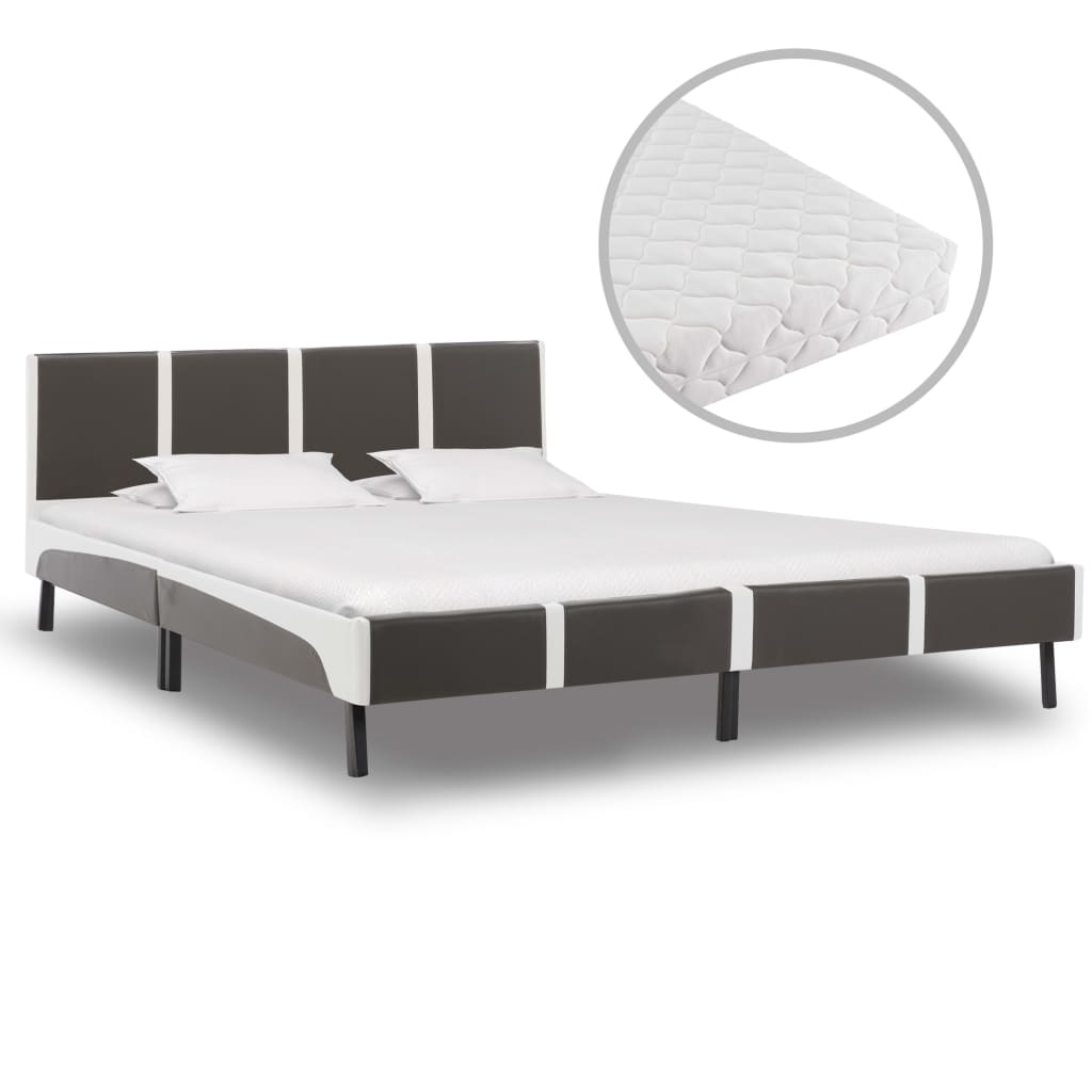 vidaXL voodi madratsiga, hall ja valge, kunstnahk 160 x 200 cm