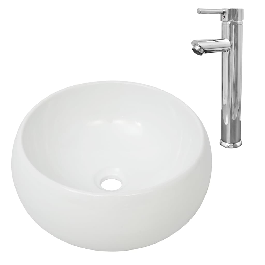 vidaXL keraamiline vannitoa valamu koos segistiga, ümmargune, valge