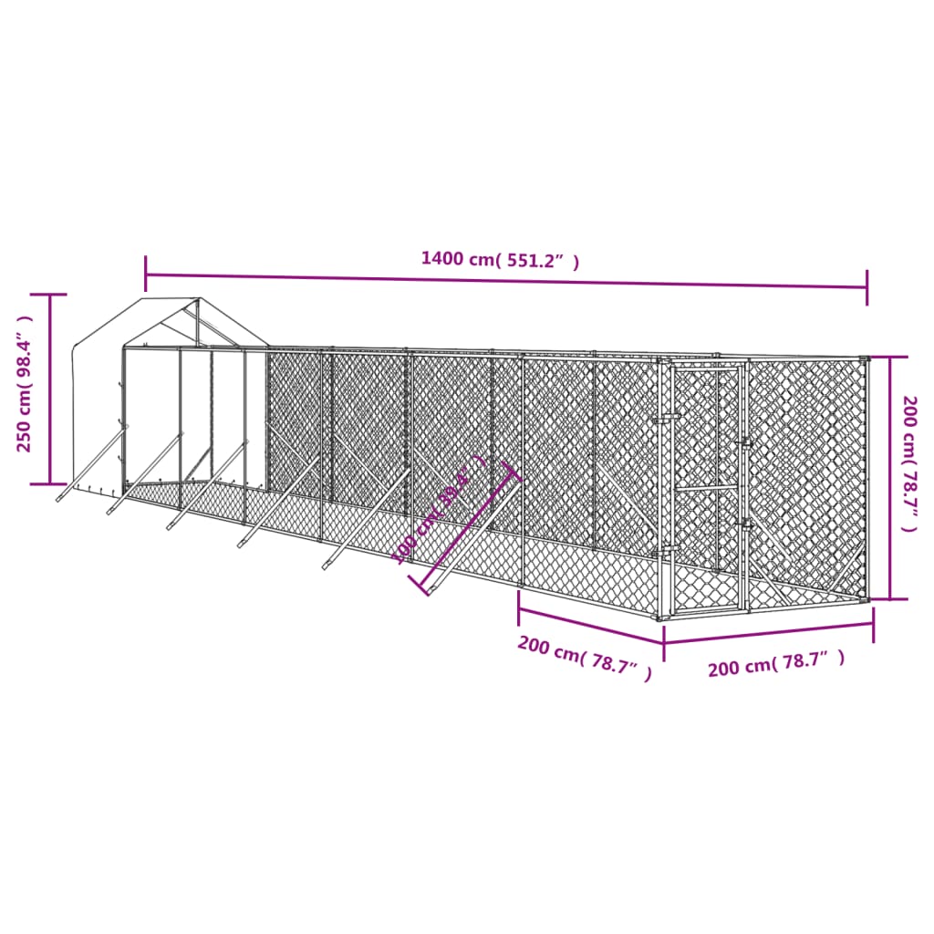 vidaXL katusega koeraaedik, hõbedane, 2x14x2,5 m, tsingitud teras