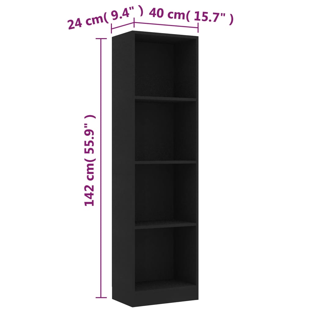 vidaXL 4-korruseline raamaturiiul must 40 x 24 x 142 cm tehispuit